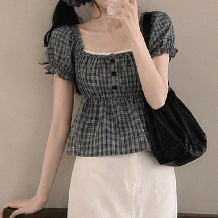 【シュシュ付き】レースレイヤードチェックブラウス(5color) BLACK