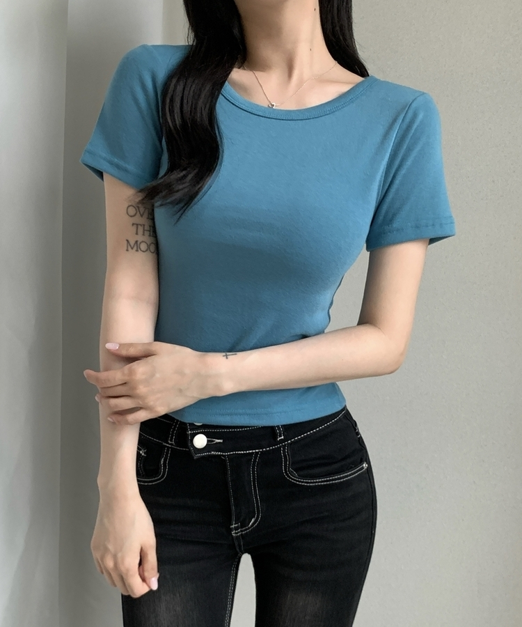 シンプルスリム半袖Tシャツ(9color) STEEL BLUE