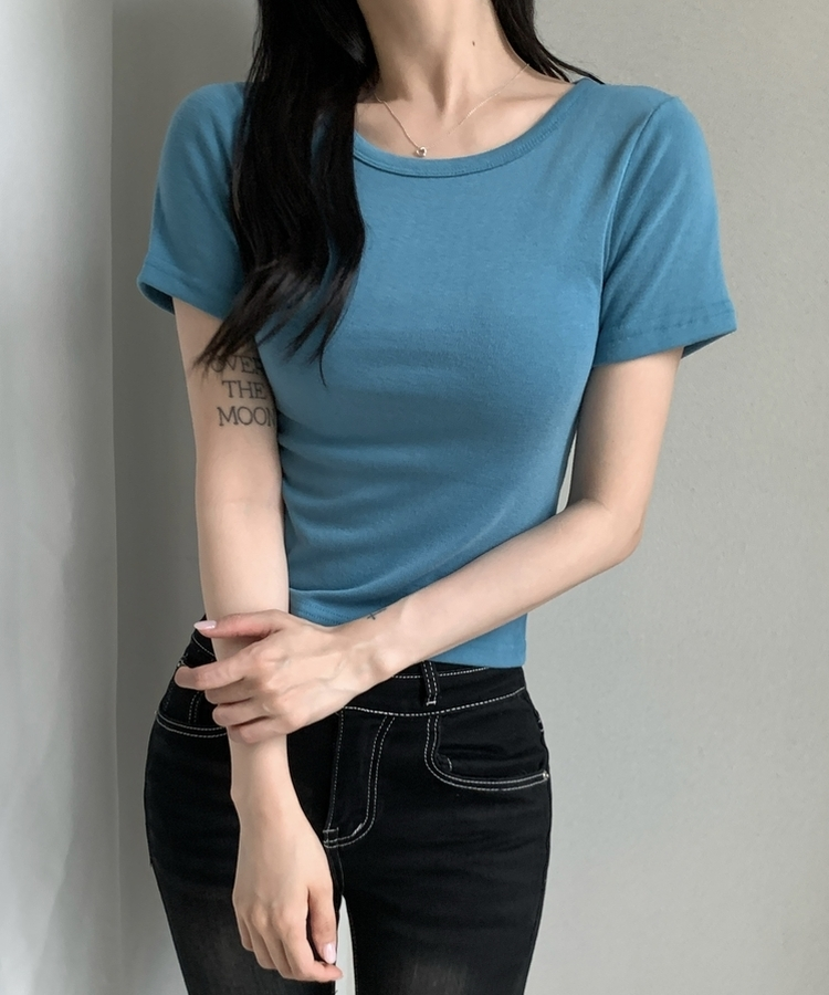 シンプルスリム半袖Tシャツ(9color) STEEL BLUE