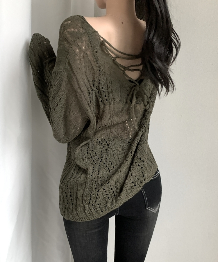 パンチングバックリボンシアー長袖ニット KHAKI