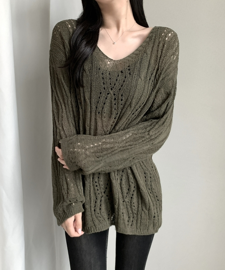 パンチングバックリボンシアー長袖ニット KHAKI
