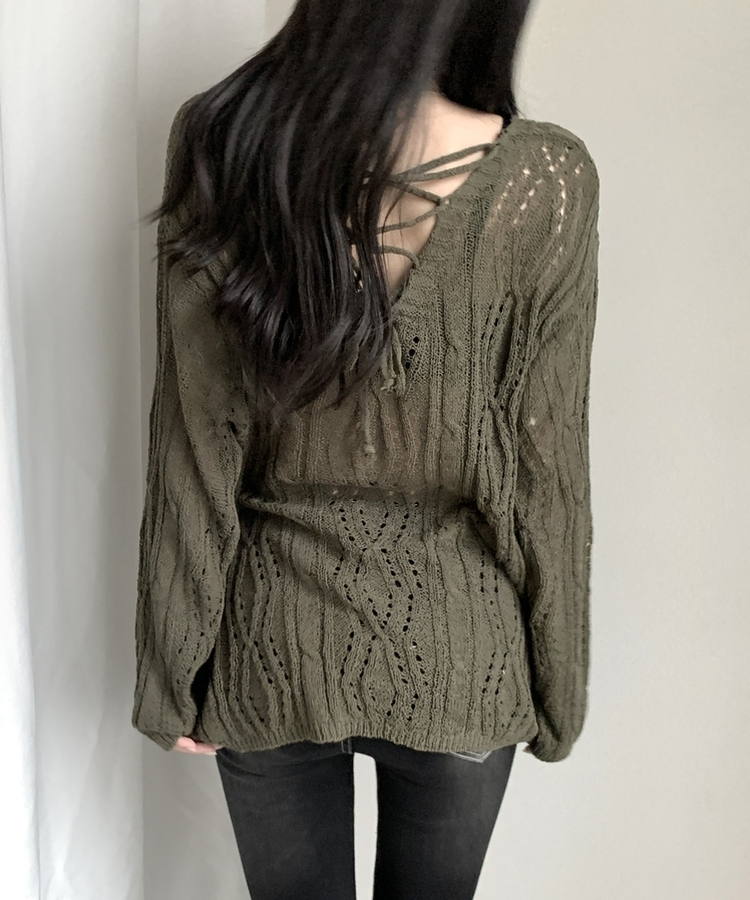 パンチングバックリボンシアー長袖ニット KHAKI