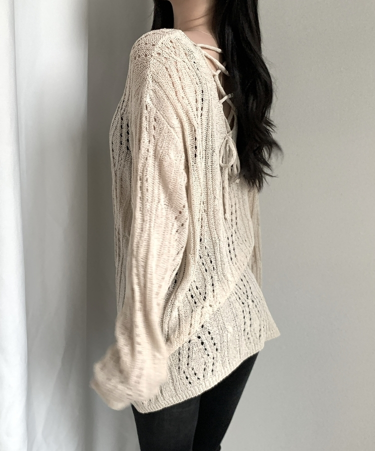 パンチングバックリボンシアー長袖ニット LIGHT BEIGE