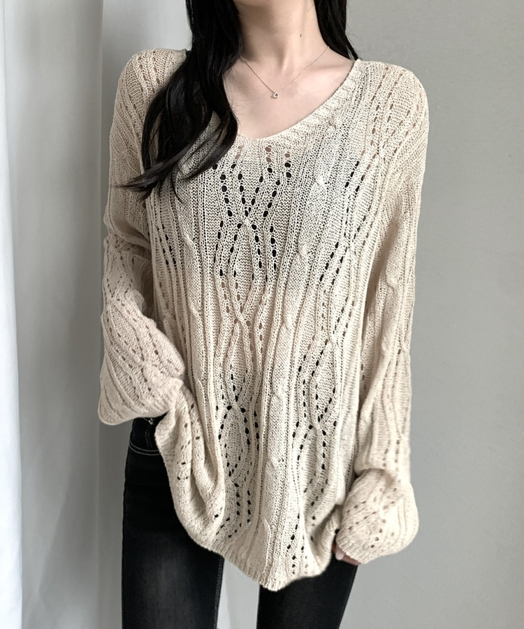 パンチングバックリボンシアー長袖ニット LIGHT BEIGE