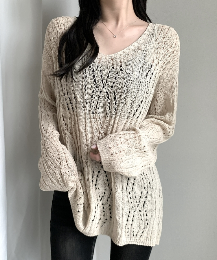 パンチングバックリボンシアー長袖ニット LIGHT BEIGE