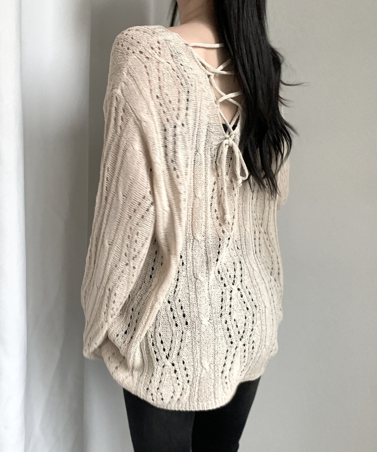 パンチングバックリボンシアー長袖ニット LIGHT BEIGE