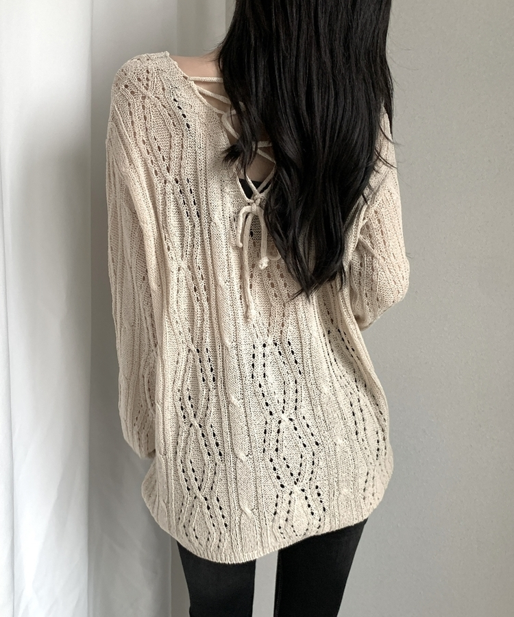 パンチングバックリボンシアー長袖ニット LIGHT BEIGE