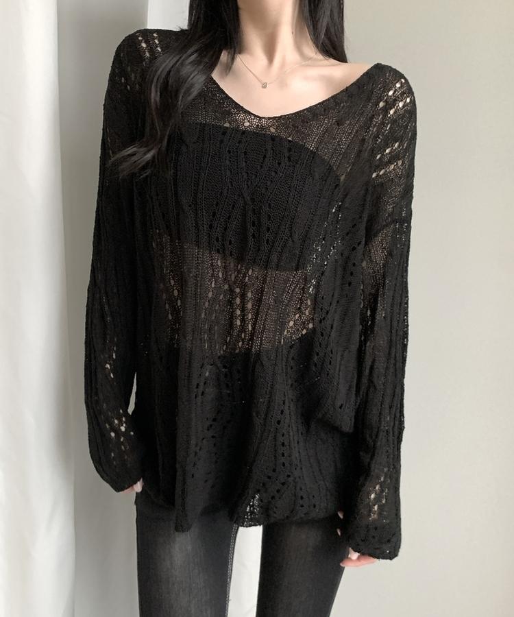 パンチングバックリボンシアー長袖ニット BLACK