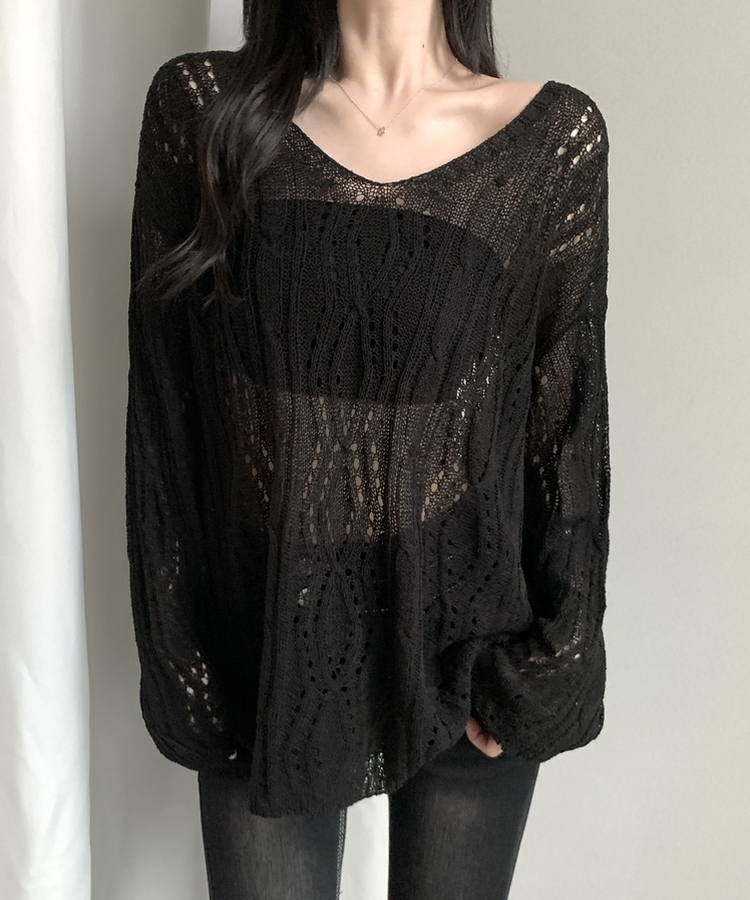 パンチングバックリボンシアー長袖ニット BLACK