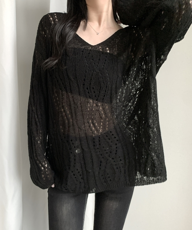 パンチングバックリボンシアー長袖ニット BLACK