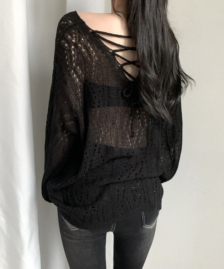パンチングバックリボンシアー長袖ニット BLACK