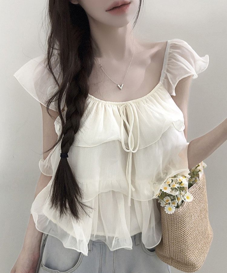 シフォンリボンティアード半袖ブラウス IVORY