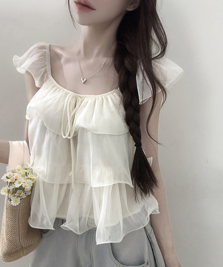 シフォンリボンティアード半袖ブラウス IVORY
