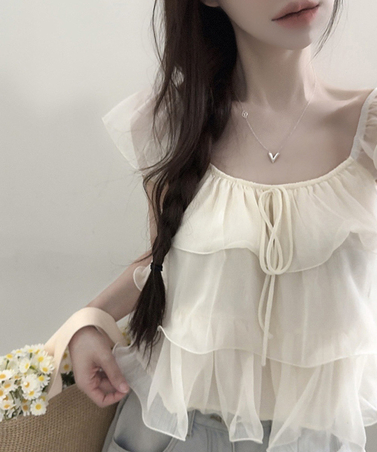 シフォンリボンティアード半袖ブラウス IVORY