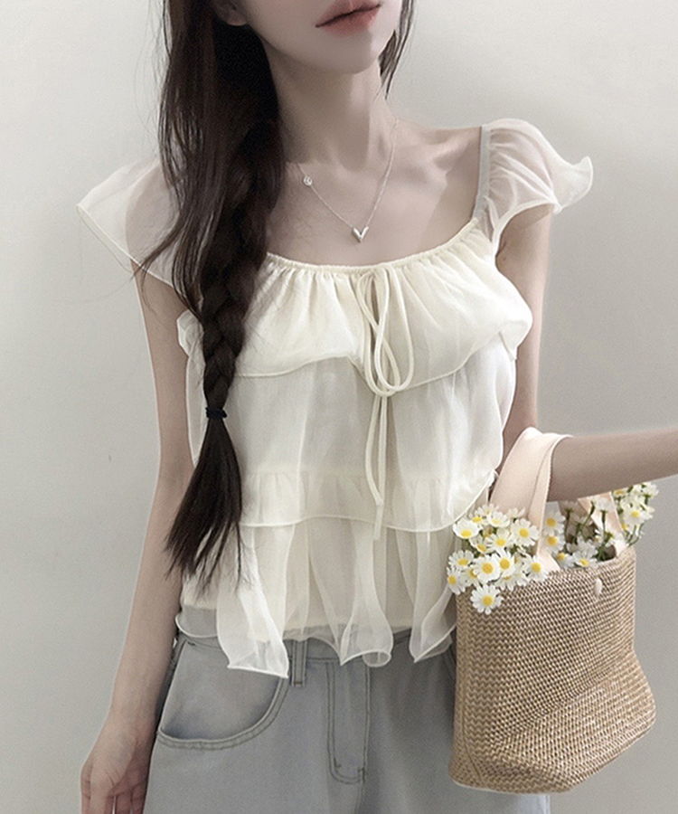 シフォンリボンティアード半袖ブラウス IVORY