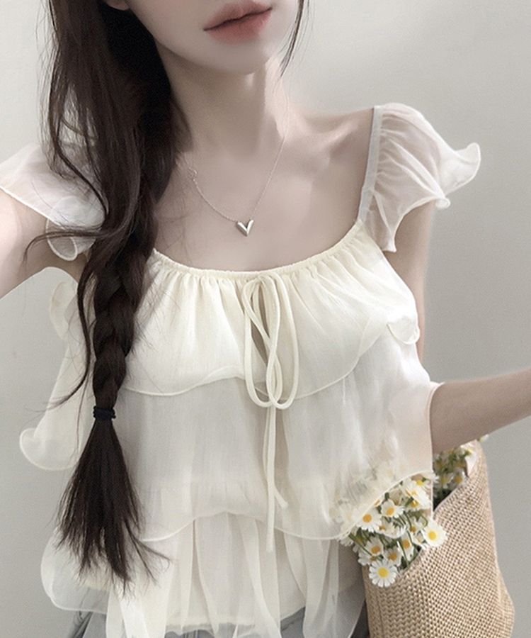 シフォンリボンティアード半袖ブラウス IVORY