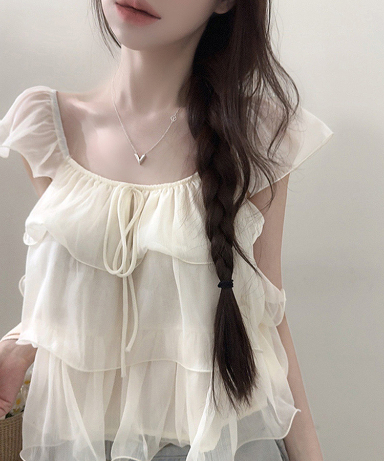 シフォンリボンティアード半袖ブラウス IVORY