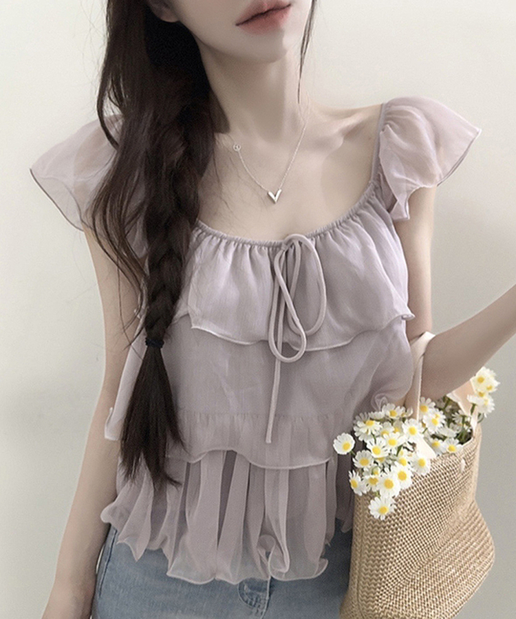 シフォンリボンティアード半袖ブラウス PURPLE