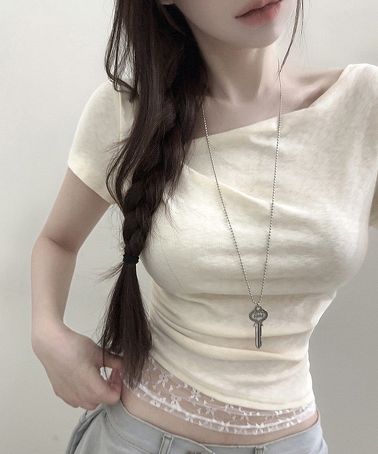 レースレイヤードドレープ半袖Tシャツ IVORY
