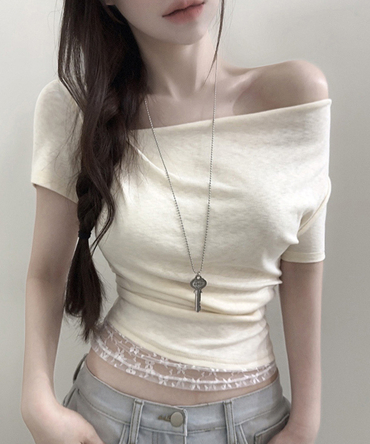 レースレイヤードドレープ半袖Tシャツ IVORY