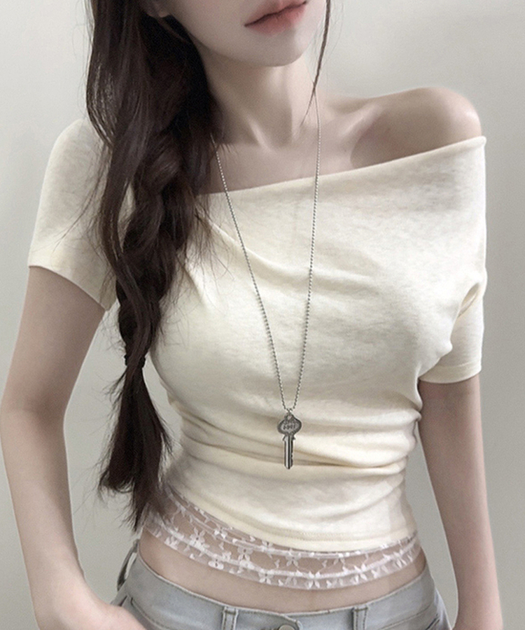 レースレイヤードドレープ半袖Tシャツ IVORY
