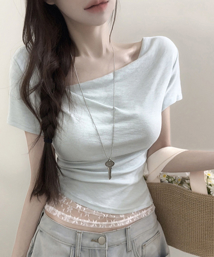 レースレイヤードドレープ半袖Tシャツ SKY BLUE