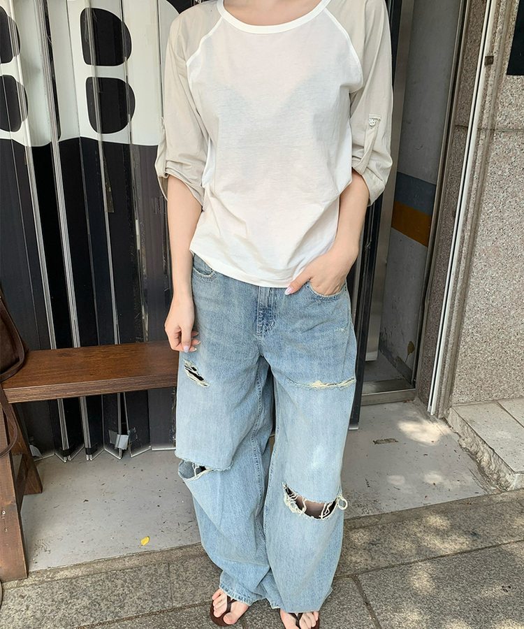 ラグランロールアップTシャツ IVORY