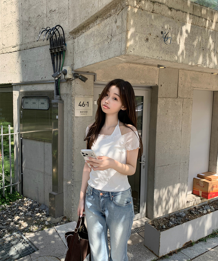 レースレイヤードホルターネックトップス｜半袖Tシャツ｜韓国 