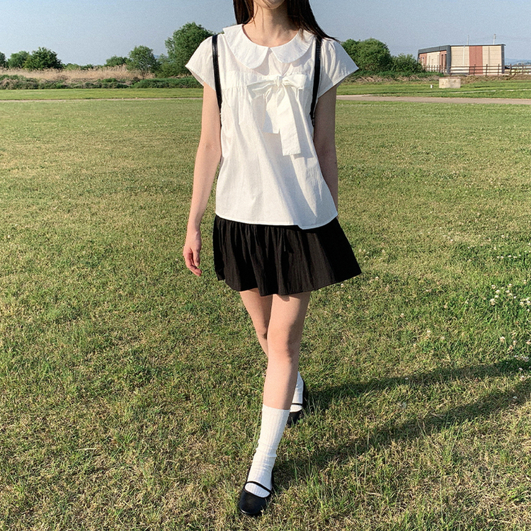 リボンカラーキャップスリーブパフブラウス IVORY