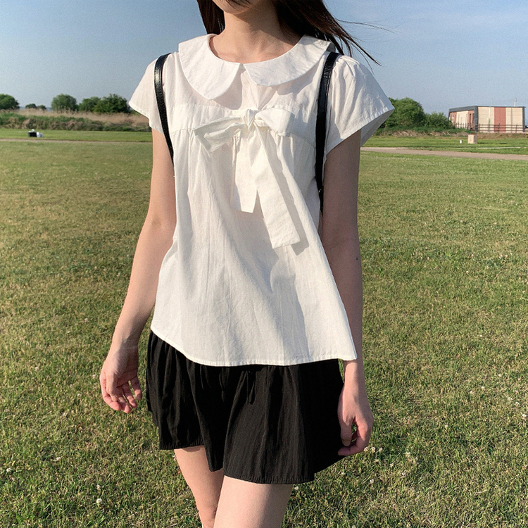 リボンカラーキャップスリーブパフブラウス IVORY