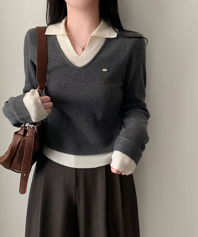 レイヤードカラーネック長袖ニット CHARCOAL