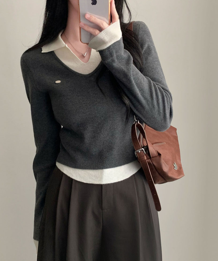レイヤードカラーネック長袖ニット CHARCOAL