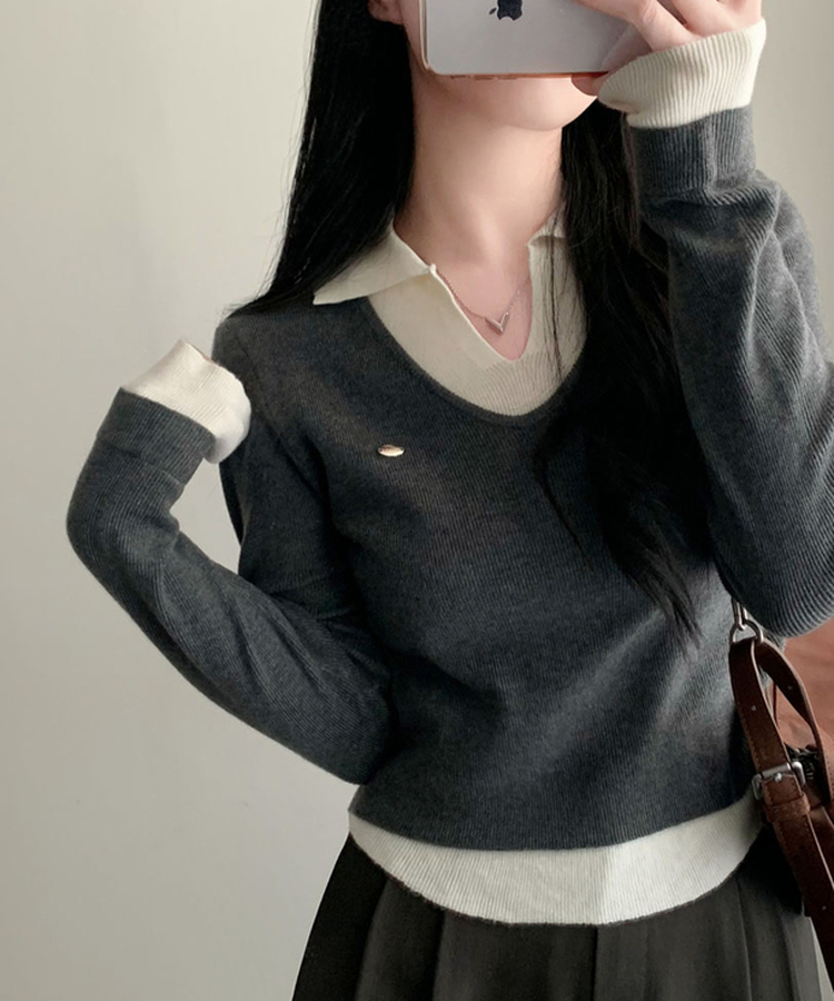 レイヤードカラーネック長袖ニット CHARCOAL