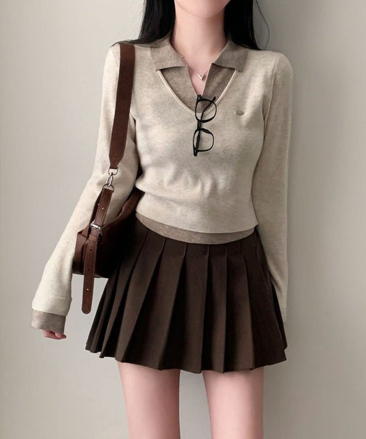レイヤードカラーネック長袖ニット BROWN