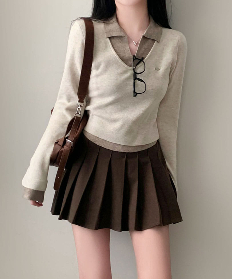 レイヤードカラーネック長袖ニット BROWN