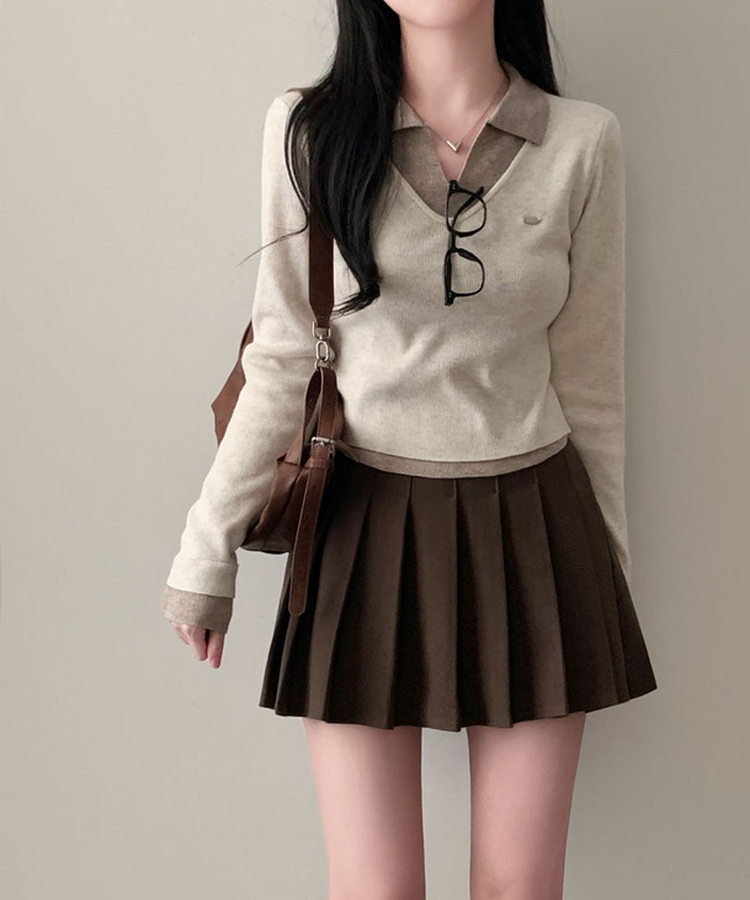 レイヤードカラーネック長袖ニット BROWN