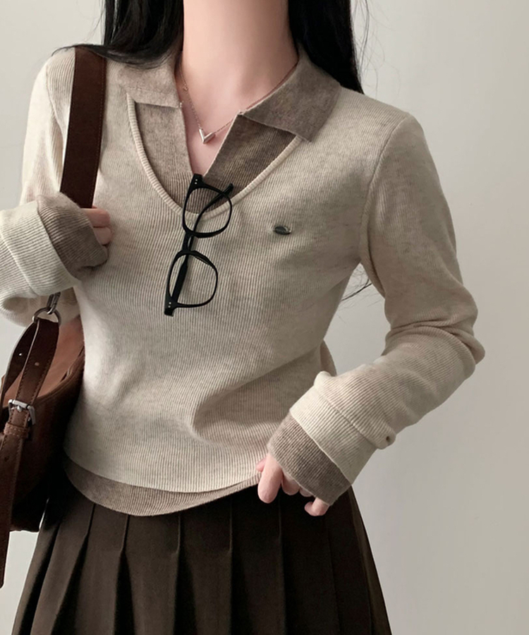 レイヤードカラーネック長袖ニット BROWN