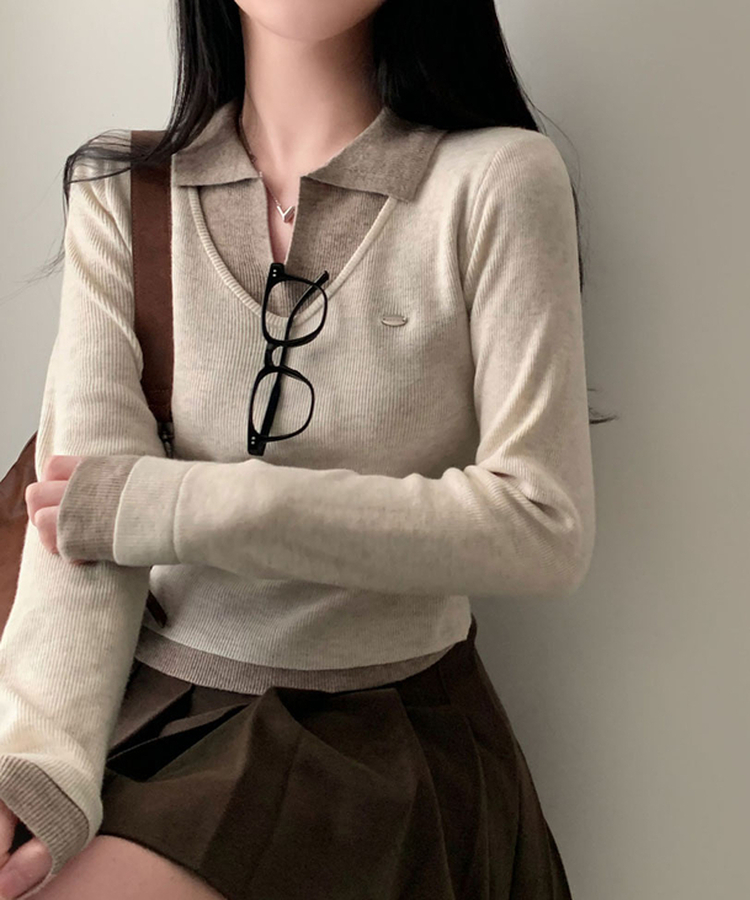 レイヤードカラーネック長袖ニット BROWN