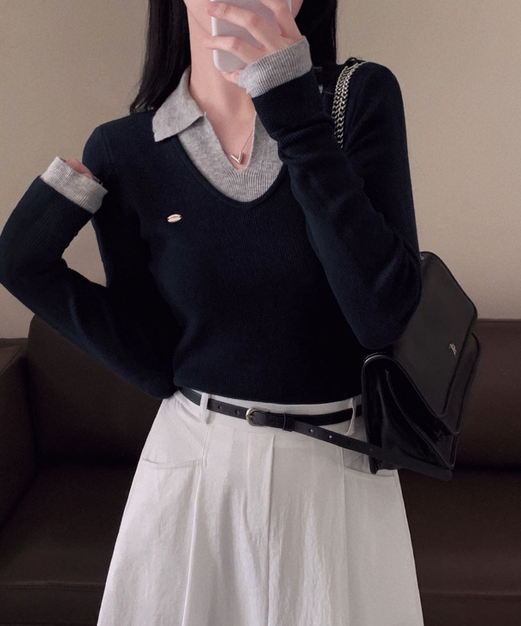 レイヤードカラーネック長袖ニット NAVY