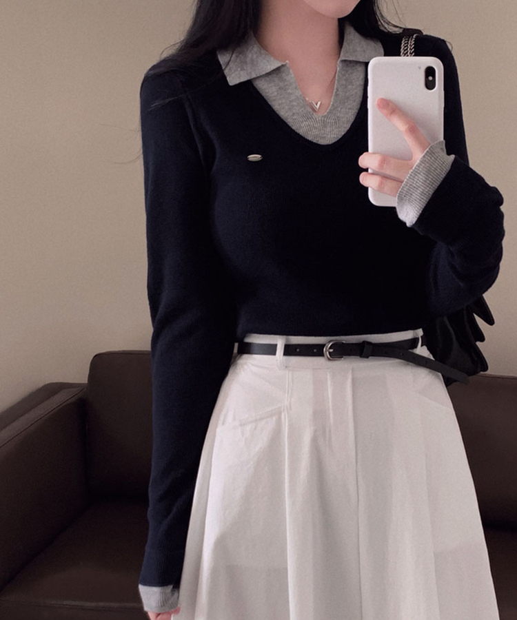 レイヤードカラーネック長袖ニット NAVY