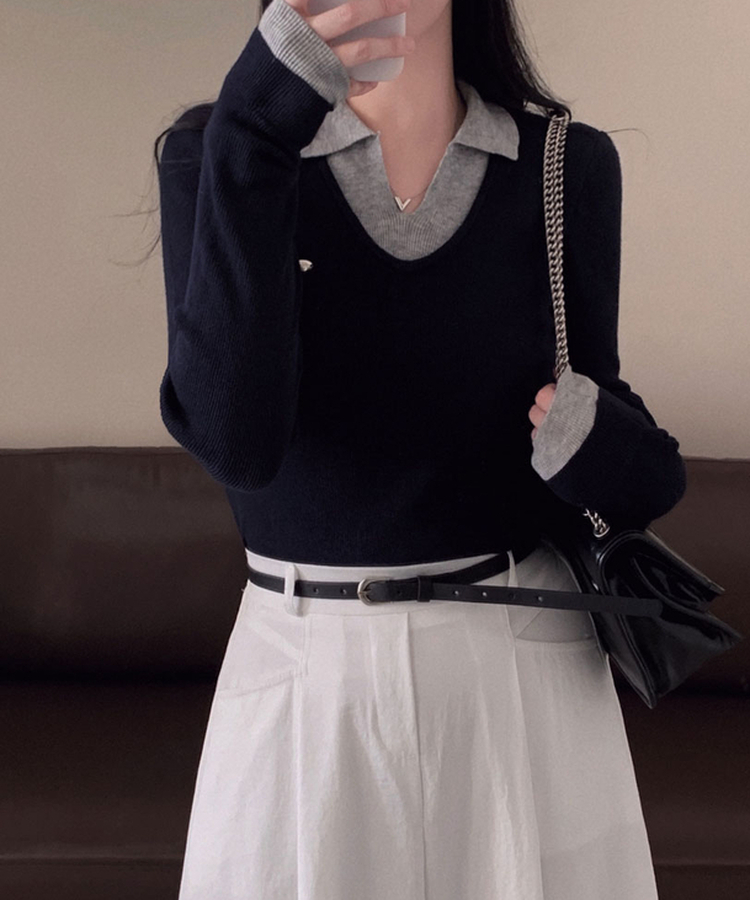 レイヤードカラーネック長袖ニット NAVY