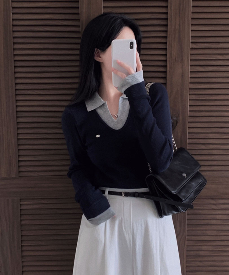 レイヤードカラーネック長袖ニット NAVY