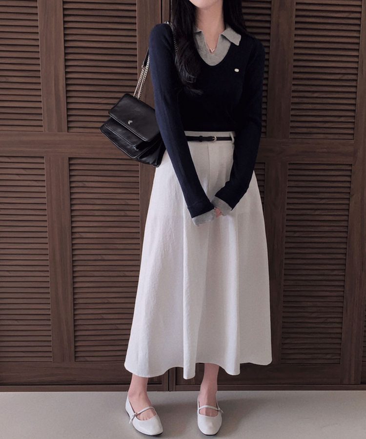 レイヤードカラーネック長袖ニット NAVY