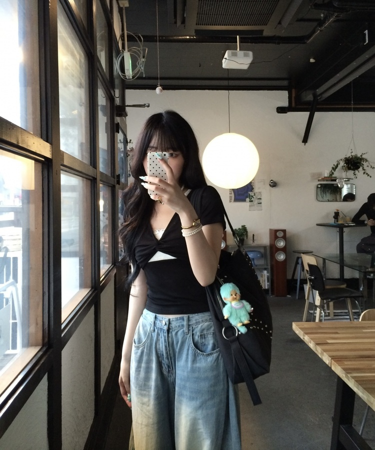 ツイストレースレイヤード半袖Tシャツ BLACK
