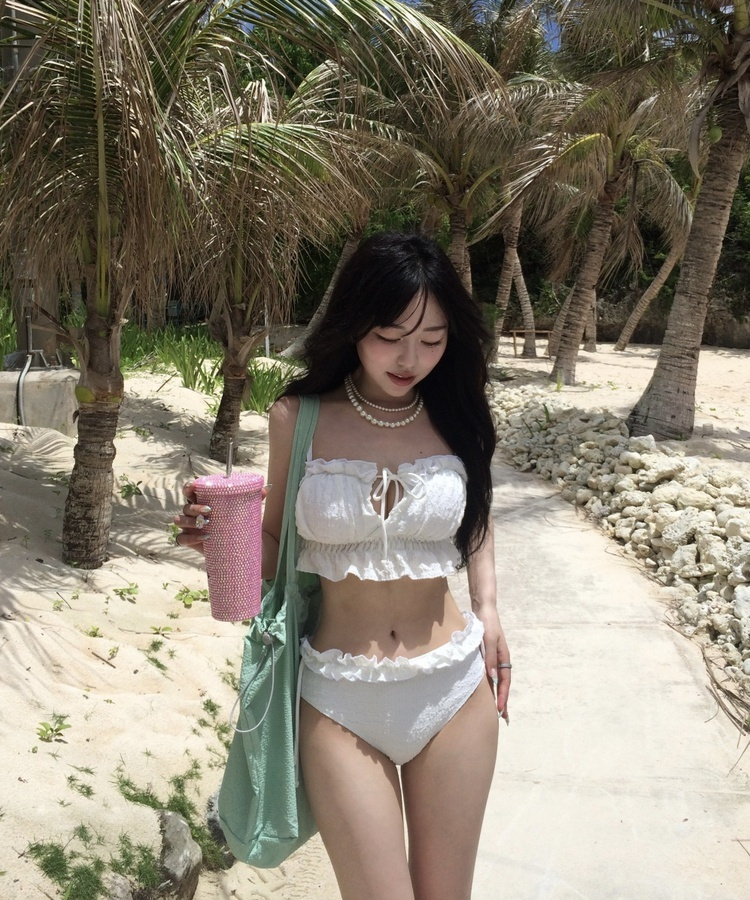 프릴 리본 수영복 비키니 화이트
