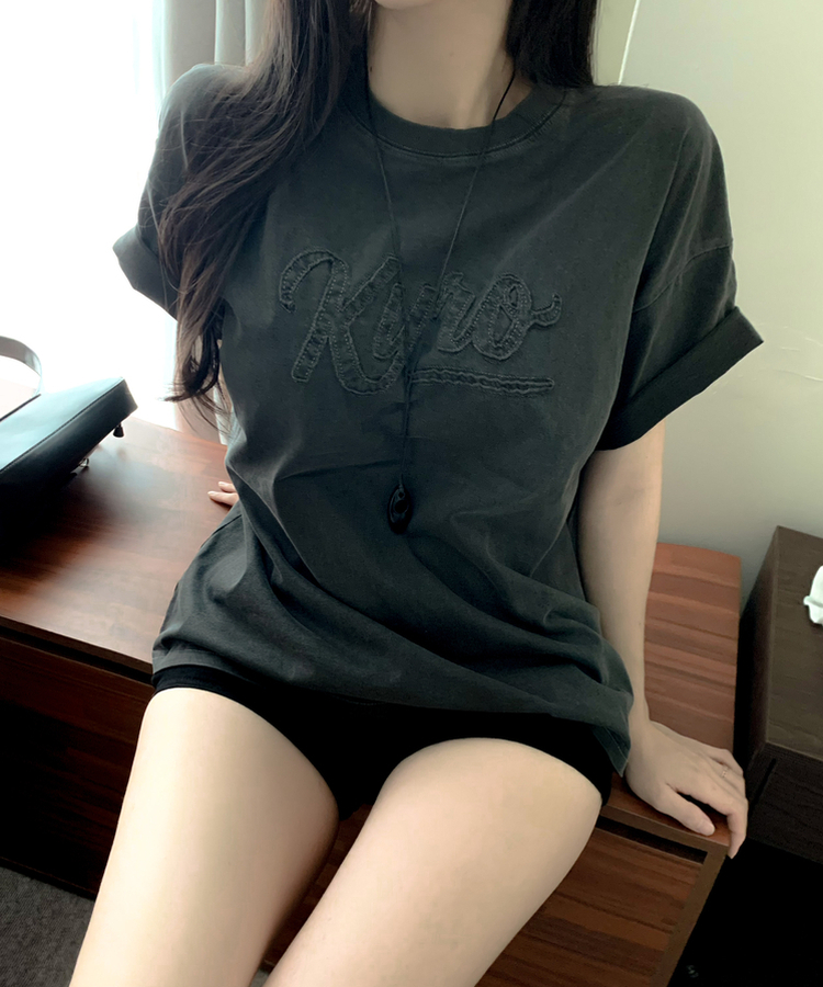 카이로 피그먼트 워싱 자수 패치 오버핏 루즈핏 박시핏 여름 반팔티셔츠 2colors 먹색
