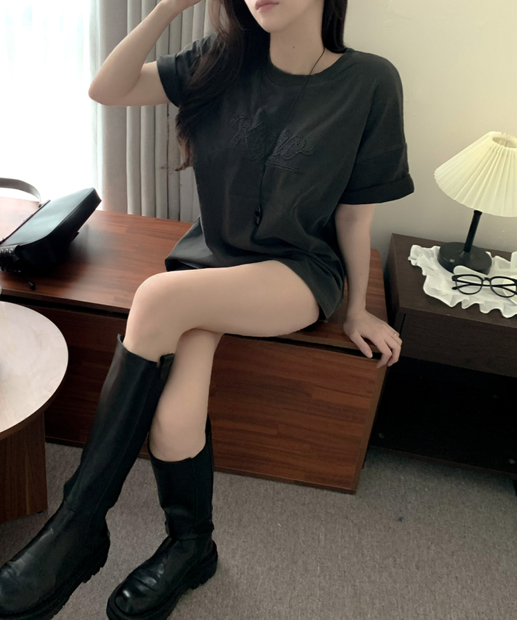 카이로 피그먼트 워싱 자수 패치 오버핏 루즈핏 박시핏 여름 반팔티셔츠 2colors 먹색