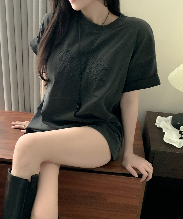 카이로 피그먼트 워싱 자수 패치 오버핏 루즈핏 박시핏 여름 반팔티셔츠 2colors 먹색