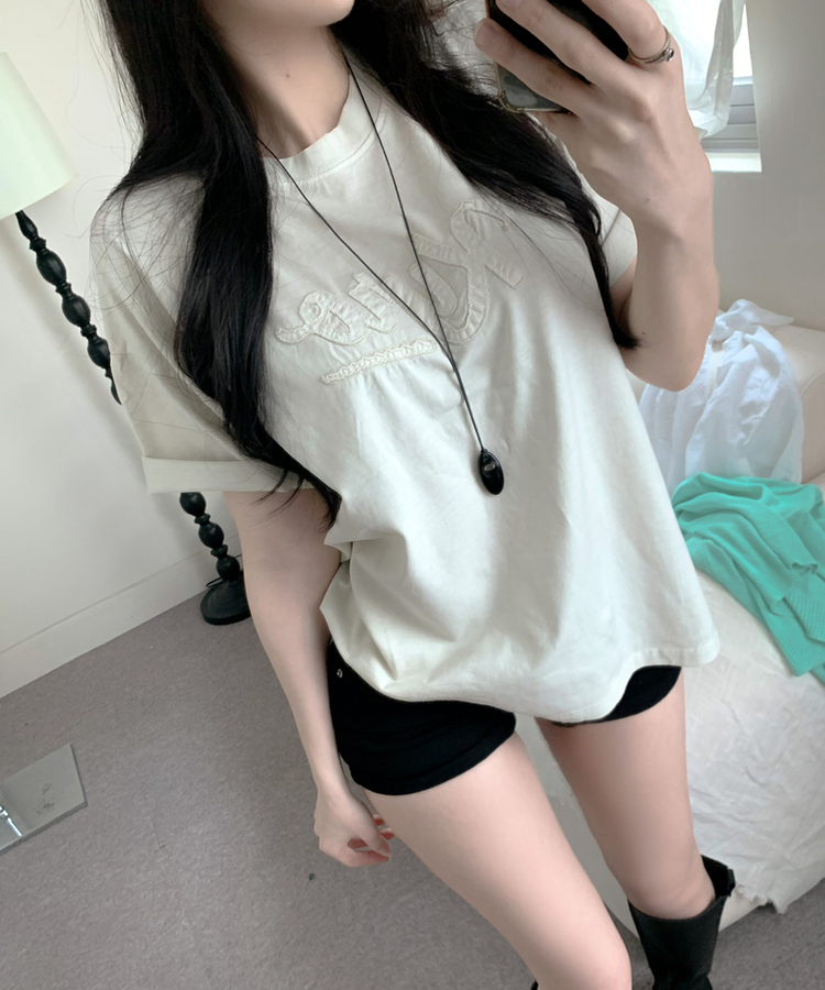 카이로 피그먼트 워싱 자수 패치 오버핏 루즈핏 박시핏 여름 반팔티셔츠 2colors 오트밀