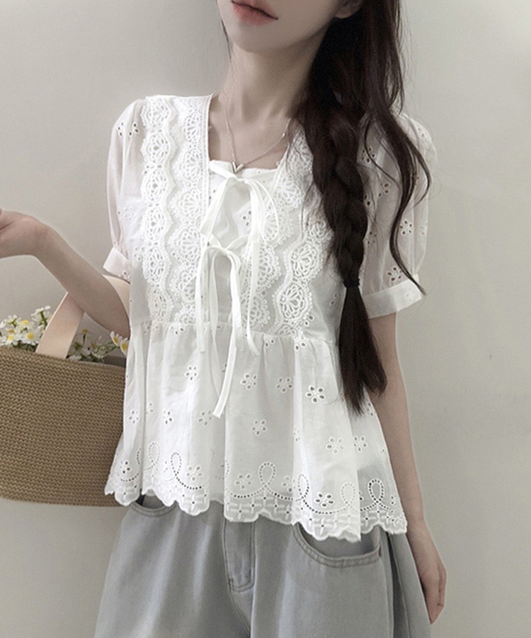 パンチングレースフリルリボン半袖ブラウス WHITE